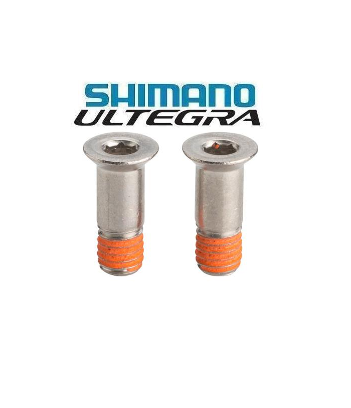 Shimano-Ultegra-Skruvar.png Två silverfärgade bultar med orange gänglåsning på de nedre gängorna visas under Shimano Ultegra-logotypen på en vit bakgrund.