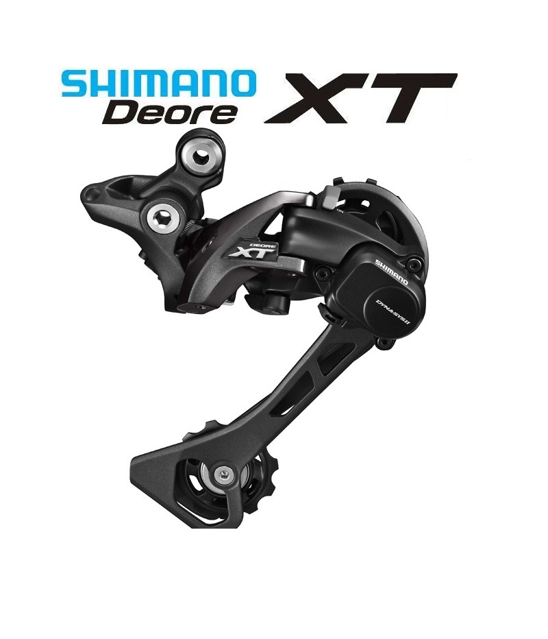 Shimano-XT-M8000.png En Shimano Deore XT-bakväxel visas mot en vit bakgrund med logotypen "Shimano Deore XT" ovanför.