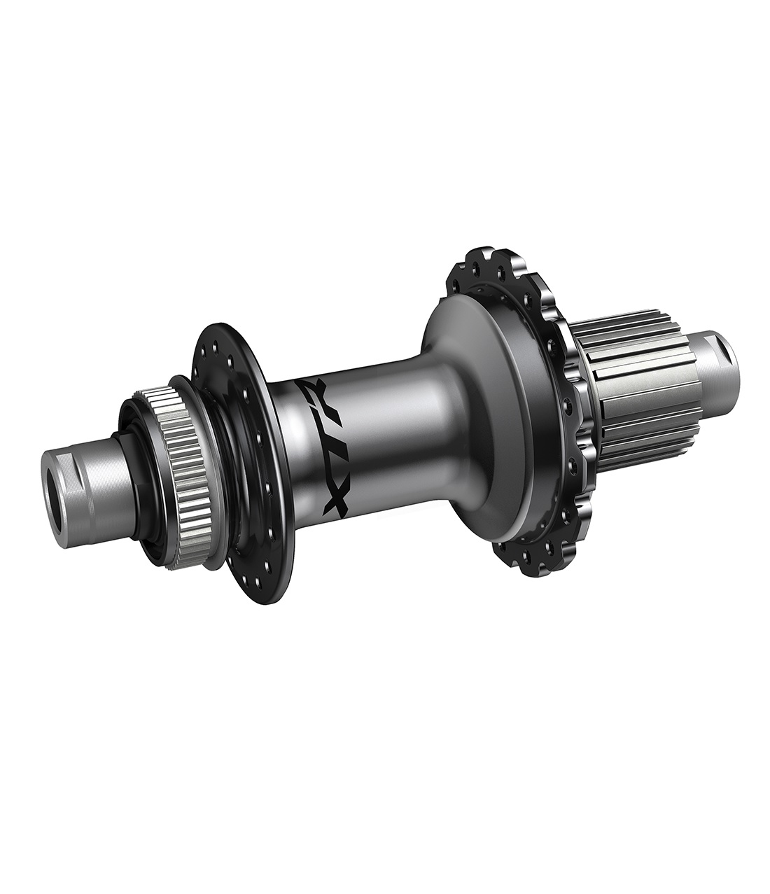 Shimano-XTR-FH-M9111-BBX.jpg Ett bakre cykelnav i metall med flänshål för ekrar, splines för växelfäste och SHIMANO-märke synligt på den cylindriska kroppen. Navet har spår för montering av kassett.