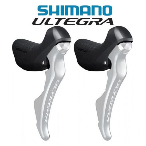 Ett par Shimano Ultegra växel- och bromsspakar för landsvägscyklar i svart och silver visas sida vid sida