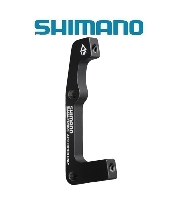 Shimano-skivbromsadapter-bak-203mm-ram-Int-Std-ok-postmount.jpg En svart Shimano-cykelbromsadapter med vit text och en pil märkt "UP", visad vertikalt mot en vit bakgrund med den blå Shimano-logotypen ovanför.
