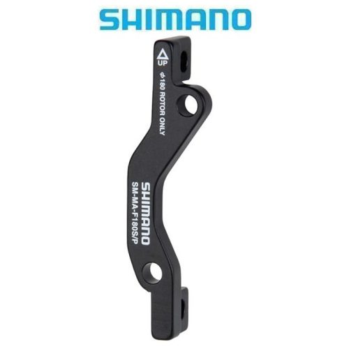 En svart Shimano SM-MA-F180P/S skivbromsadapter visas med vit text som anger "endast 180 rotor" och "UP", mot en vit bakgrund med den blå Shimano-logotypen ovanför.
