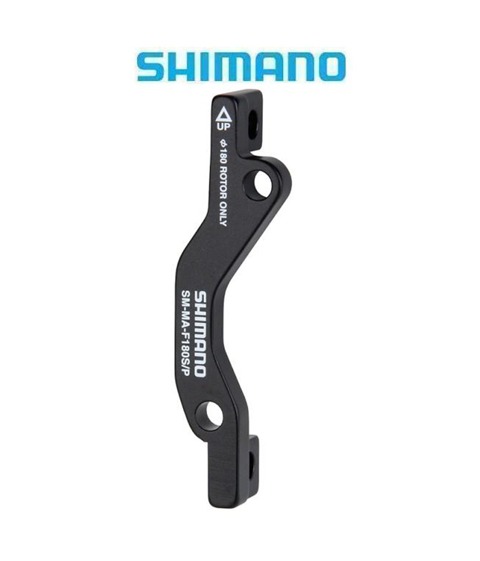 Shimano-skivbromsadapter-fram-180mm-gaffel-Int-STD-ok-postmount.jpg En svart Shimano SM-MA-F180P/S skivbromsadapter visas med vit text som anger "endast 180 rotor" och "UP", mot en vit bakgrund med den blå Shimano-logotypen ovanför.
