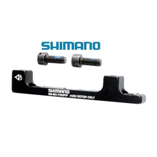 En svart Shimano skivbromsadapter med modelldetaljer tryckta i vitt, visad med två monteringsbultar och Shimano-logotypen ovanför delarna på en vit bakgrund.
