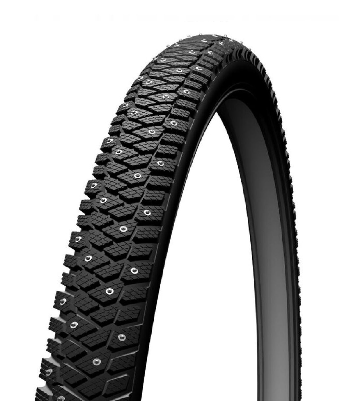 Soumi-tyres-Routa-W248.jpg En närbild av ett svart cykeldäck med slitbanemönster och små metalldubbar inbäddade i hela däcket, mot en vit bakgrund.