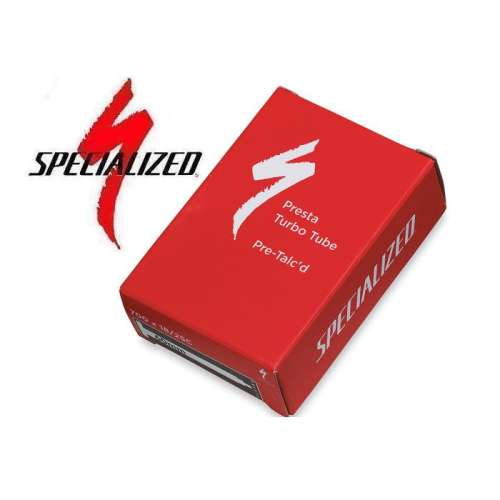 En röd Specialized-märkt låda märkt "Presta Turbo Tube Pre-Talc'd" visas bredvid den svarta och röda Specialized-logotypen på en vit bakgrund.