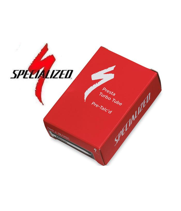 Specialized-Slang-Racer.png En röd Specialized-märkt låda märkt "Presta Turbo Tube Pre-Talc'd" visas bredvid den svarta och röda Specialized-logotypen på en vit bakgrund.