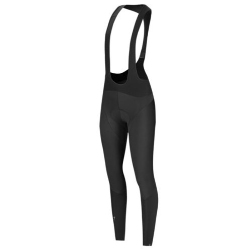 Ett par svarta cykeltights med axelremmar och hellånga ben, på en vit bakgrund. Tyget verkar slätt och konturerat för en nära passform.