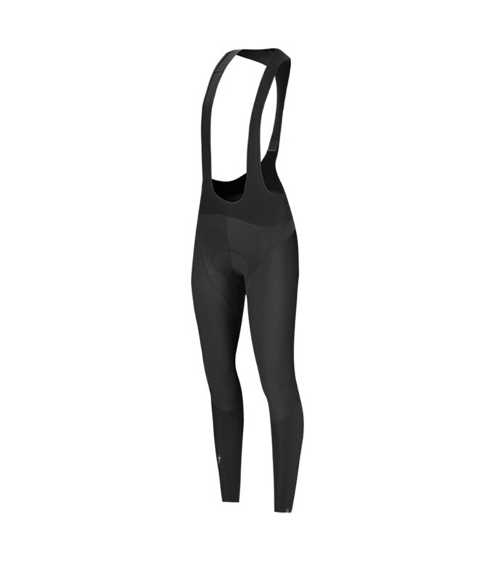 Specialized-Womens-Element-Rbx-Comp-Bib-Tight-med-vaddering.jpg Ett par svarta cykeltights med axelremmar och hellånga ben, på en vit bakgrund. Tyget verkar slätt och konturerat för en nära passform.