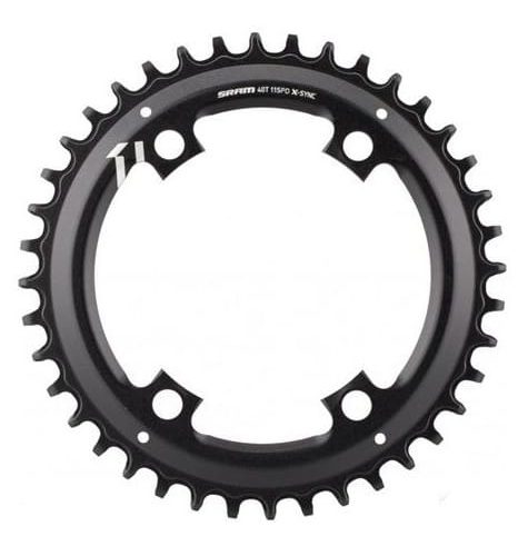 En svart SRAM 44-tandad X-SYNC-kedjekrans med fyra bulthål, som används för drivlinor på cyklar. Siffran "11" och varumärkesmarkeringar är synliga på den övre delen av kedjehjulet.