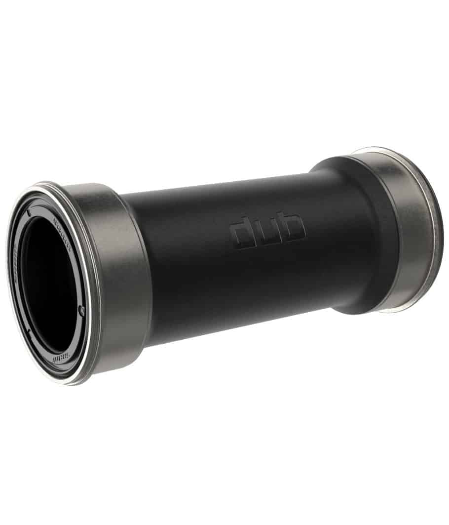 Sram-Dub-Vevlager-BB92.jpg Ett svart och silverfärgat cylindriskt cykelfäste märkt "dub", med metalländar och en slät mittdel, avsett för att fästa vevstakar på cykelramar.
