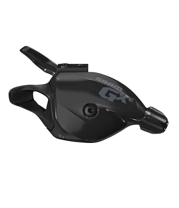 Sram-GX-1-11-trigger-single.jpg En svart SRAM GX Eagle växelspak för mountainbike, sedd från sidan, med en synlig spak och monteringsklämma, med SRAM GX-logotypen i silver och grått.