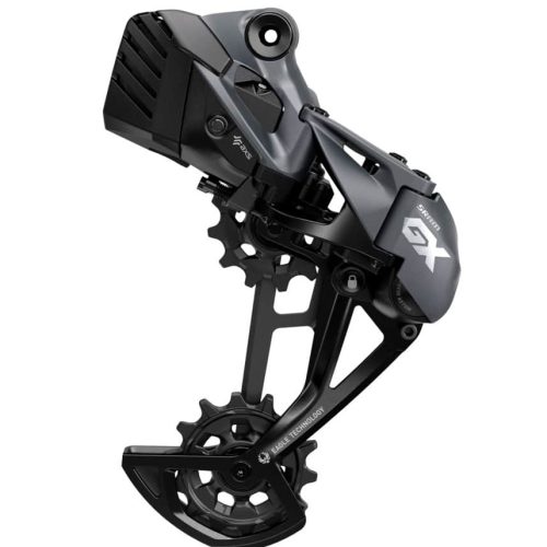 En svart SRAM GX AXS elektronisk bakväxel för cykel med synligt varumärke och två stora jockeyhjul, mot en vit bakgrund.