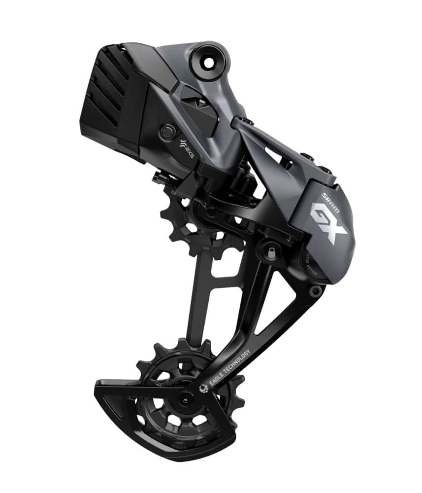 Sram-GX-AXS-Eagle-12.jpg En svart SRAM GX AXS elektronisk bakväxel för cykel med synligt varumärke och två stora jockeyhjul
