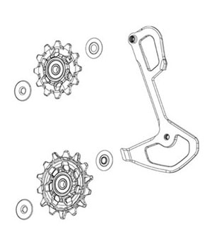 Sram-GX-Eagle-Pulie.jpg Linjeteckning av en cykelväxelbur med två jockeyhjul och fyra små cirkulära brickor eller distansbrickor placerade bredvid buren, troligen som en del av en utbytes- eller monteringssats.