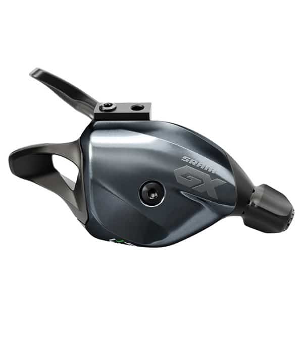 Sram-GX-Trigger-Eagle-12.jpg En svart och silverfärgad SRAM GX cykelväxel med en texturerad tumspak och monteringsfäste, fotograferad mot en vit bakgrund.