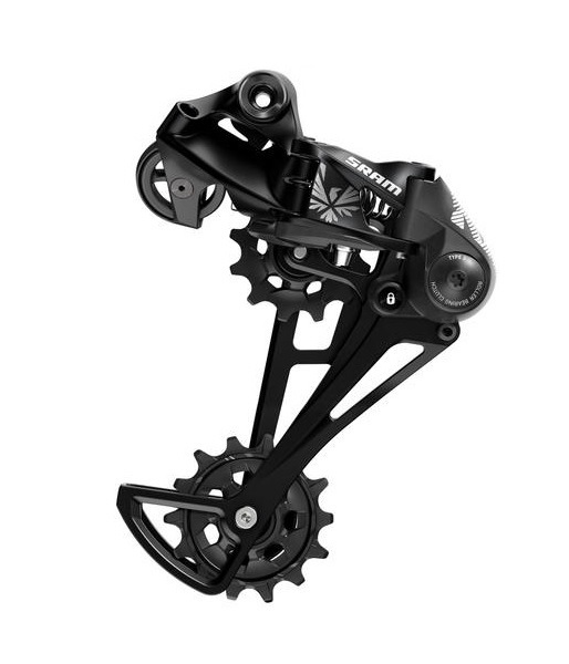 Sram-NX-Eagle-bakvaxel.jpg Svart SRAM-bakväxel för cykel med synliga jockeyhjul och varumärke på sidan, avsedd för växling av växlar på en drivlina för cykel.