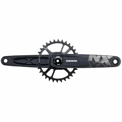 Ett svart SRAM NX cykelvevställ med en enkel kedjekrans