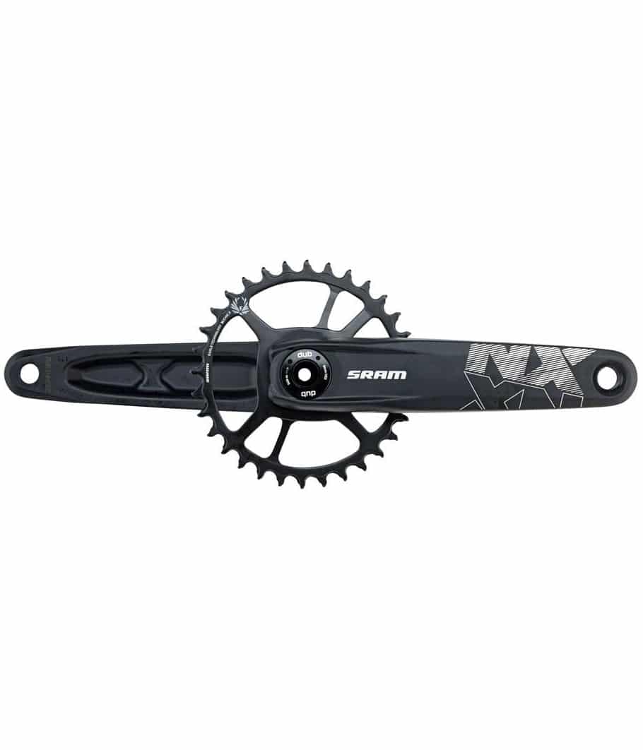 Sram-NX-vev.jpg Ett svart SRAM NX cykelvevställ med en enkel kedjekrans, med SRAM-logotypen och "NX"-märket på en vevarm, mot en vit bakgrund.