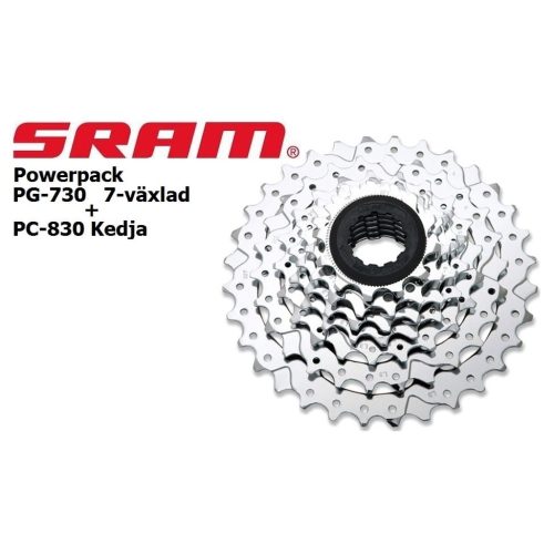 En silverfärgad 7-växlad SRAM PG-730 cykelkassett och PC-830 kedja visas på en vit bakgrund med SRAM-logotypen och produktinformation i svart och röd text till vänster.