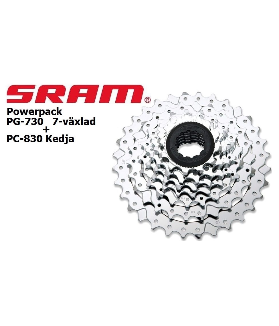 Sram-PG730-PC830-Powerpac.jpg En silverfärgad 7-växlad SRAM PG-730 cykelkassett och PC-830 kedja visas på en vit bakgrund med SRAM-logotypen och produktinformation i svart och röd text till vänster.