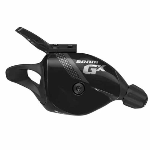 En svart SRAM GX 10-växlad cykelväxel med en texturerad spak, ett monteringsfäste och ett varumärke som syns på sidan mot en vit bakgrund.