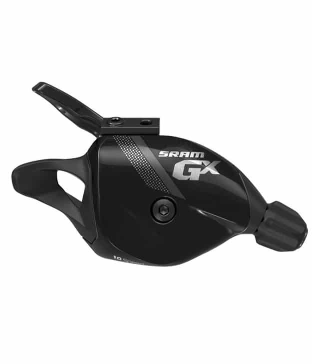 Sram-SX-Eagle-12-Trigger-1.jpg En svart SRAM GX 10-växlad cykelväxel med en texturerad spak, ett monteringsfäste och ett varumärke som syns på sidan mot en vit bakgrund.