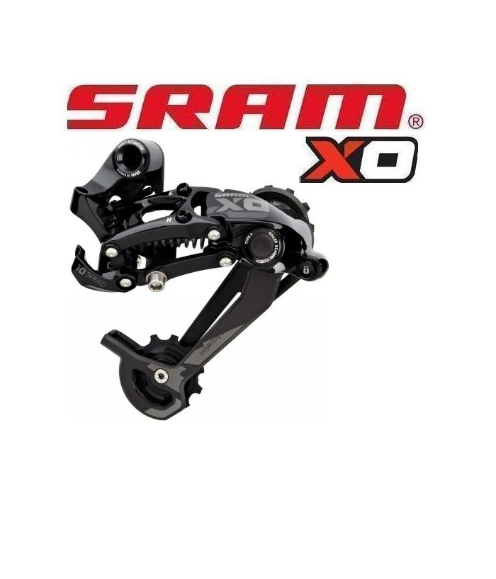 Sram-X0-1x10-grey.png En svart och silverfärgad SRAM X0 cykelväxel visas under en stor röd och svart SRAM X0-logotyp på en vit bakgrund.