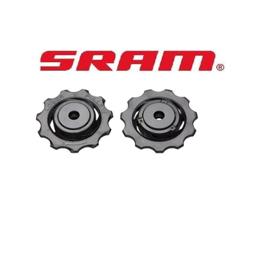 Två svarta cykelväxelhjul visas sida vid sida under en röd "SRAM"-logotyp mot en vit bakgrund.