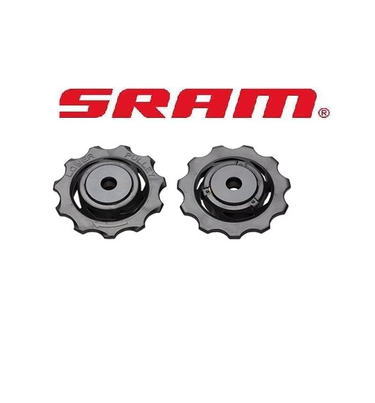Sram-X0-XX-Rulltrissor.png Två svarta cykelväxelhjul visas sida vid sida under en röd "SRAM"-logotyp mot en vit bakgrund.