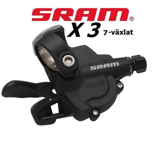 En svart SRAM X3 7-växlad cykelväxel visas mot en vit bakgrund, med SRAM-logotypen och texten "X3 7-växlat" ovanför växeln i röda och svarta bokstäver.