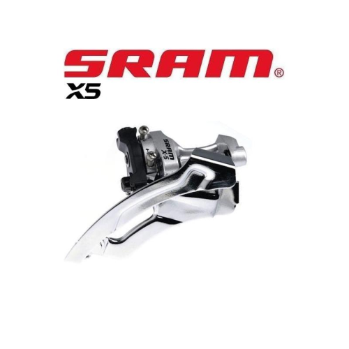 En SRAM X5 framväxel för cykel visas under den röda SRAM-logotypen och texten "x5" på en vit bakgrund.