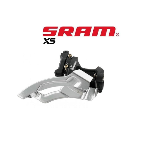 En SRAM X5 framväxel visas mot en vit bakgrund med den röda SRAM-logotypen och texten "x5" ovanför. Växeln är silverfärgad och svart med synlig hårdvara och artikelnummer.