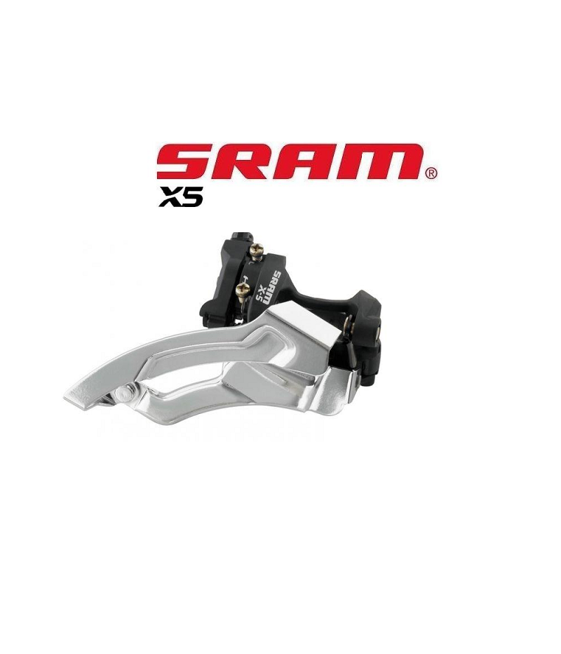 Sram-X5-3x10-svart.png En SRAM X5 framväxel visas mot en vit bakgrund med den röda SRAM-logotypen och texten "x5" ovanför. Växeln är silverfärgad och svart med synlig hårdvara och artikelnummer.