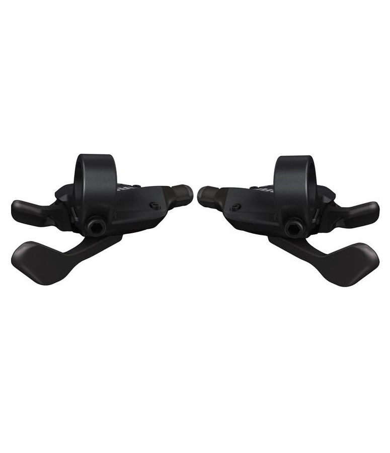 Sram-X5-Trigger-3x9-1.jpg Ett par svarta cykelväxlar med tum- och indexspakar, placerade mitt emot varandra på en vit bakgrund.