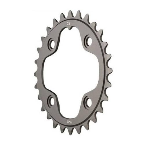En cykelkedja i metall med 28 tänder, fyra hål för monteringsbultar och en yta i mörkt silver, fotograferad mot en vit bakgrund.