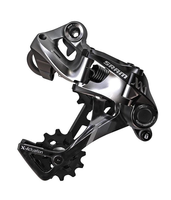 Sram-XX1-11-svart-bakv.jpg Närbild på en SRAM-bakväxel för mountainbike, som visar dess svarta och silverfärgade metallkomponenter, inklusive jockeyhjul, justerskruvar och varumärke.