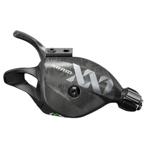 En svart SRAM X01 växelspak för mountainbike med texturerad yta, två spakar, monteringsfäste och inställningsratt, sedd från sidan mot en vit bakgrund.