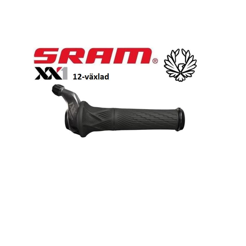 En svart SRAM XX1 12-växlad vridväxel visas mot en vit bakgrund. SRAM:s logotyp