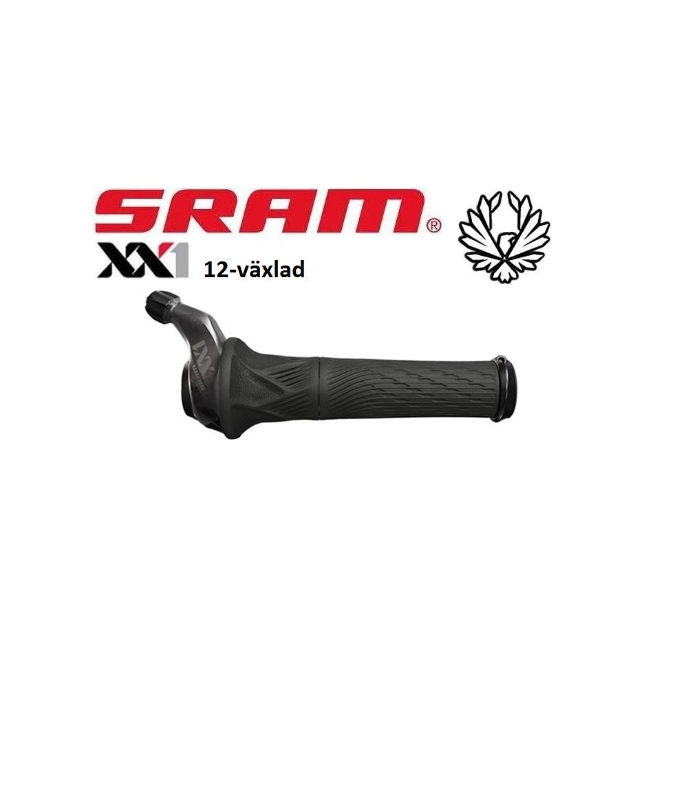 Sram-XX1-twist-reglage-black.png En svart SRAM XX1 12-växlad vridväxel visas mot en vit bakgrund. SRAM:s logotyp, ett örnemblem och texten "12-växlad" visas ovanför växelspaken.