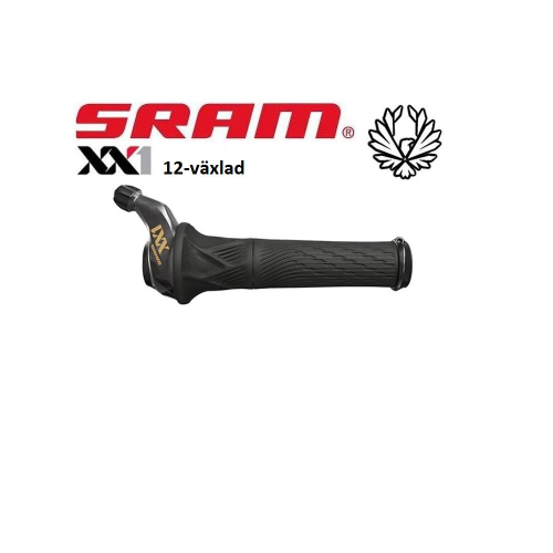 En svart SRAM XX1 12-växlad greppväxel visas med SRAM:s logotyp