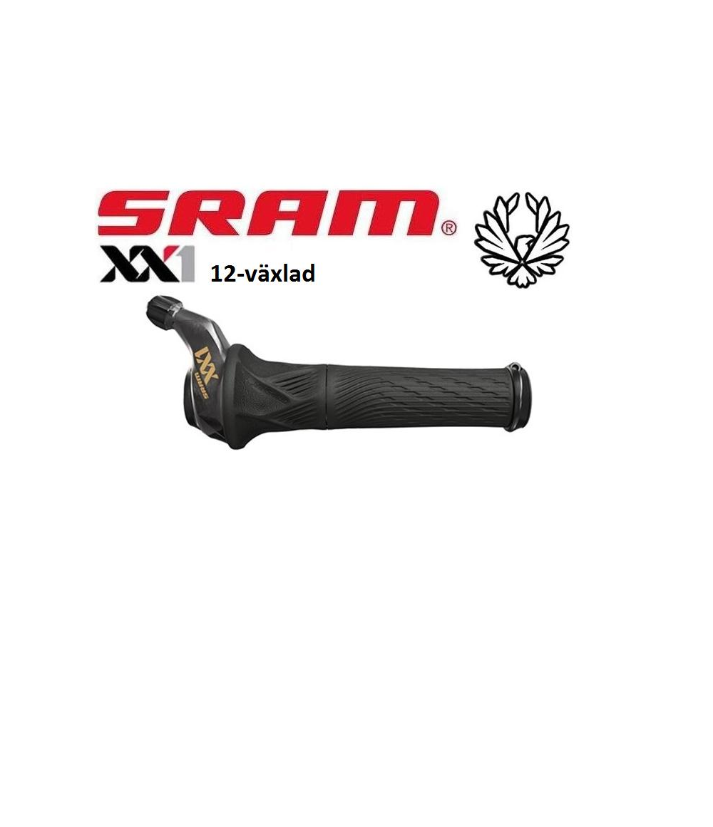 Sram-XX1-twist-reglage-gold.png En svart SRAM XX1 12-växlad greppväxel visas med SRAM:s logotyp, texten "12-växlad" och SRAM:s örnemblem mot en vit bakgrund.
