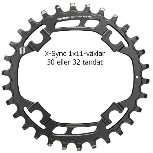 En svart SRAM X-Sync-kedjekrans med 30 tänder visas. Texten på svenska på bilden lyder: "X-Sync 1x11-växlar 30 eller 32 tandat", vilket indikerar kompatibilitet med 1x11-växlade drivlinor och alternativen 30 eller 32 tänder.