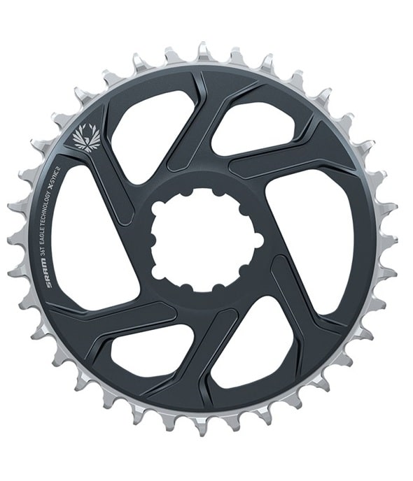 Sram-Xsync-X01-Lunar.jpg En svart och silverfärgad cykelkedja med 32 tänder, direktmonterad design och synligt SRAM-märke på vänster sida.