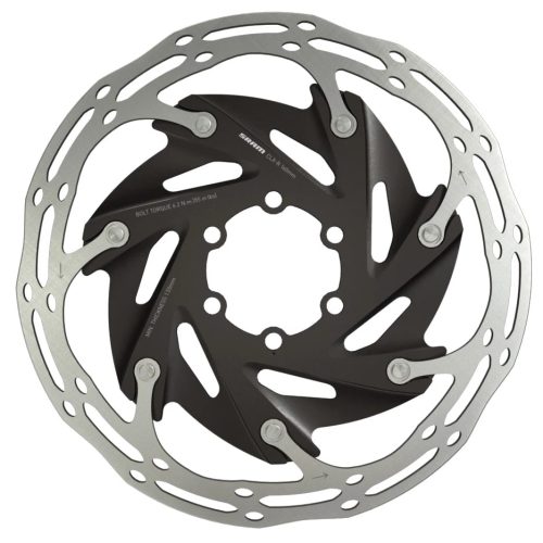 Närbild av en skivbromsrotor för cykel med en silverfärgad ytterkant och en svart innerdel, med flera monteringshål och en slitsad design för värmeavledning och förbättrad bromsprestanda.