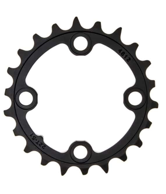 Sram-inre-dubbel-22.jpg En svart cykelkedjekrans med 20 tänder och fyra jämnt fördelade bulthål, fotograferad mot en vit bakgrund.