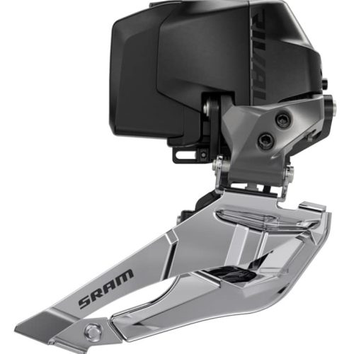 En närbild av en SRAM elektronisk cykelväxel, som visar dess metalliska och svarta komponenter med SRAM-logotypen synlig på den silverfärgade delen.