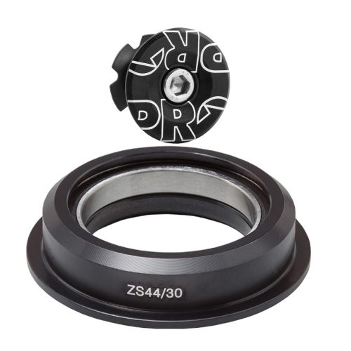 Ett svart cykelheadset med nedre lager märkt "ZS44/30" med matchande topplock och bult med vit grafisk design på locket.