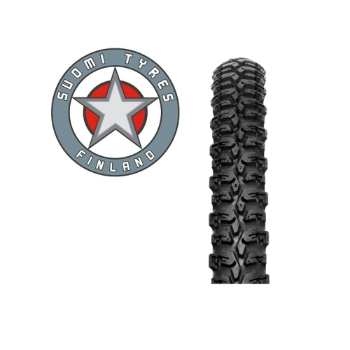 En cirkelformad logotyp med en stjärna och orden "Suomi Tyres Finland" bredvid en vertikal närbild av ett svart cykeldäck med ett grovt slitbanemönster.