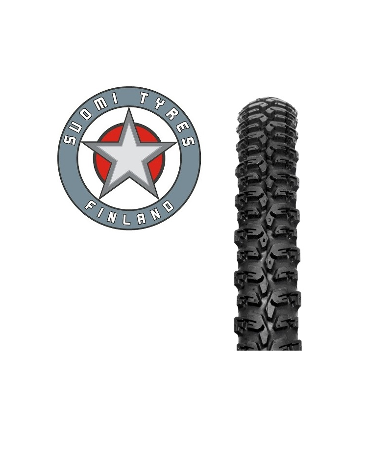 Suomi-Tyres-Rollspeed.png En cirkelformad logotyp med en stjärna och orden "Suomi Tyres Finland" bredvid en vertikal närbild av ett svart cykeldäck med ett grovt slitbanemönster.